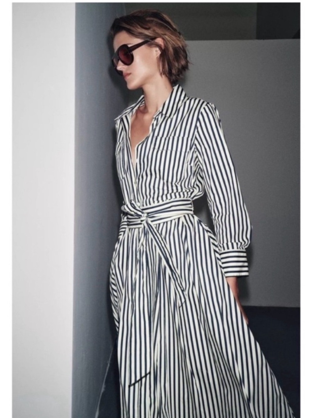 Zara Navy and White Long-Sleeve Striped Shirt Dress with Waist Tie